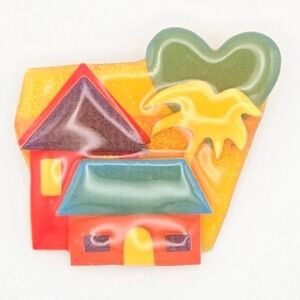 House Pins by Lucinda Brooch Resin Painted Houses Heart Sun Tree Whimsical Pin